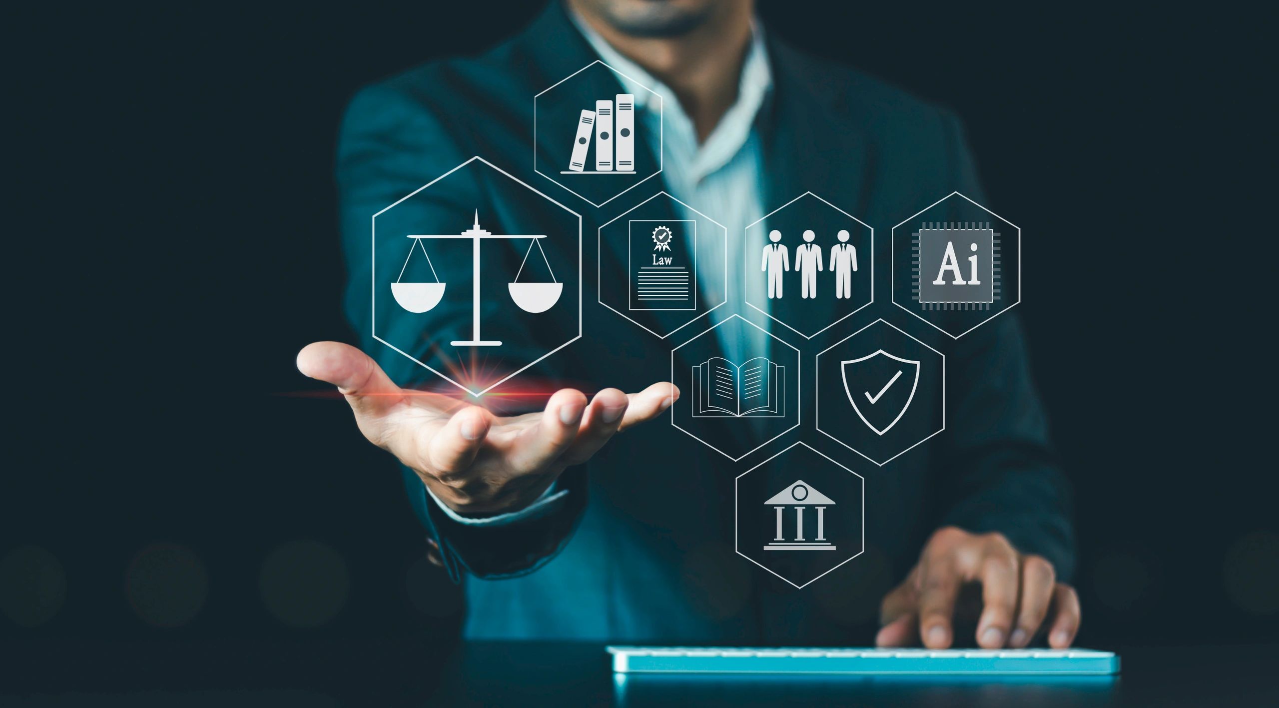 A person in a suit holds out a hand with digital legal icons, symbolizing law and technology integration.